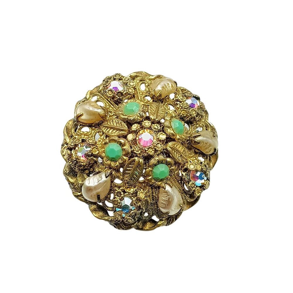 Vintage Gold-Tone Czech Brooch with Faux Pearls & Green and Aurora Borealis Rhin